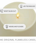 Close-up of Outdoor Moving Flame Pillar Candle With Remote Included, showing LED light, ivory finish, and realistic flicker.