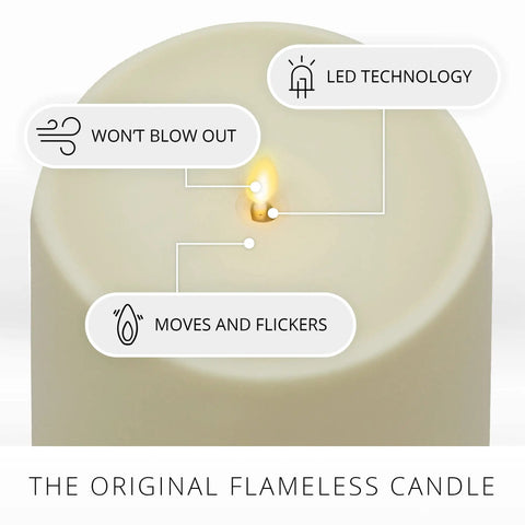 Close-up of Outdoor Moving Flame Pillar Candle With Remote Included, showing LED light, ivory finish, and realistic flicker.
