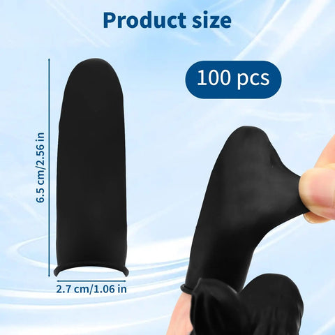 Product size of 100 Pack Black Silicone Finger Cots And Protective Toppers For Manicures And Massage Sessions with dimensions shown.