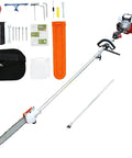 Beast Power Gas Pole Saw With 16 Foot Reach And 42 7cc 2 Stroke Engine 11 Inch Cutting Bar Extension Pole and tools displayed