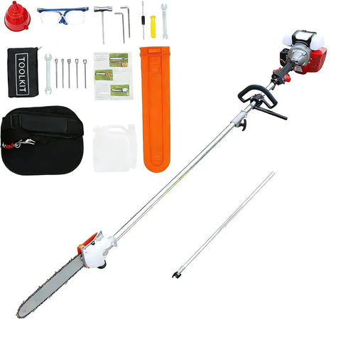 Beast Power Gas Pole Saw With 16 Foot Reach And 42 7cc 2 Stroke Engine 11 Inch Cutting Bar Extension Pole and tools displayed
