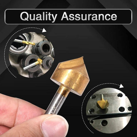 Close-up of gold titanium-plated HSS chamfering end mill bit, 90° single flute, 1/4 in shank, held by fingers for woodworking