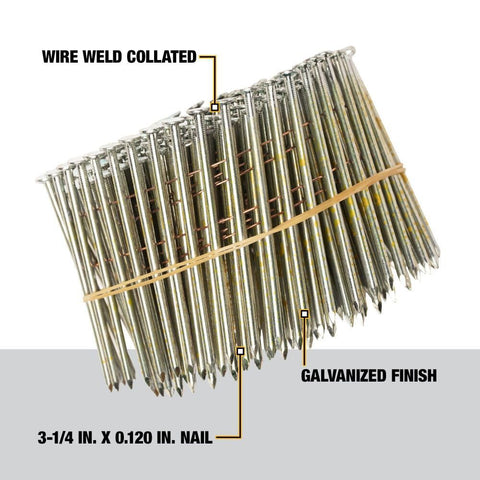 Close-up of wire weld collated nails with galvanized finish, 3-1/4 in x 0.120 in size, for Three and a Quarter Inch by Point One Two Zero Inch Smooth Galvanized Coil For Metal Fabrication And Roofing Projects, Pro-Grade Durable Galvanized Steel Coil, DIY Friendly And Pro Ready, Weather Resistant And Flexible.