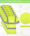 Six Pack Of XL High Visibility Reflective Safety T Shirts Breathable Yellow Unisex Workwear Set displayed in a row with details.