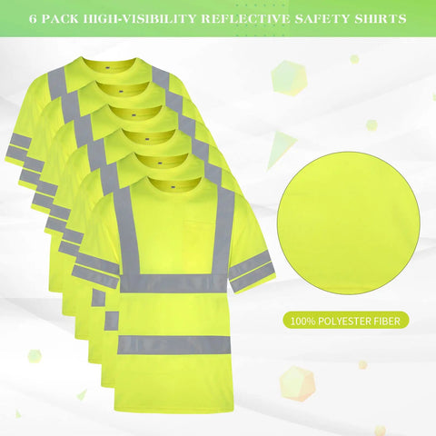Six Pack Of XL High Visibility Reflective Safety T Shirts Breathable Yellow Unisex Workwear Set displayed in a row with details.