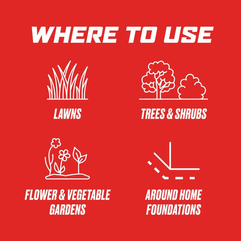 Diagram showing usage areas for Outdoor Insect Killer Concentrate that kills ants, spiders, fleas and ticks on contact