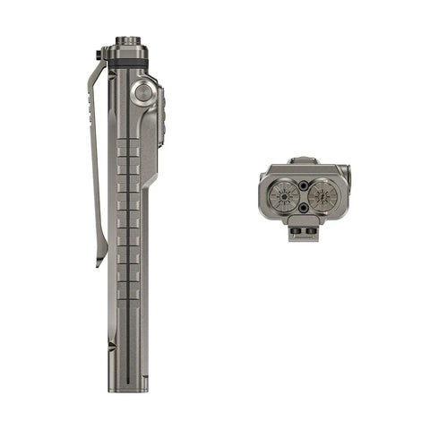 Ultra Lightweight Titanium EDC Flashlight With USB C Rechargeable Power, 700 Lumen Cool White Beam, side and top view