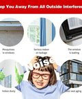 Infographic showing issues like mosquitoes, air leakage, window leaks, dust, noise, and aging doors without Self Adhesive Silicone Door Seal Strip, 26 Feet Long Weather Stripping For Doors And Windows, 25mm Gap Filler, Transparent Clear Seal, Easy Stick On Draft Blocker For Home Improvement.