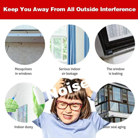 Infographic showing issues like mosquitoes, air leakage, window leaks, dust, noise, and aging doors without Self Adhesive Silicone Door Seal Strip, 26 Feet Long Weather Stripping For Doors And Windows, 25mm Gap Filler, Transparent Clear Seal, Easy Stick On Draft Blocker For Home Improvement.