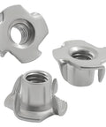 Top Shelf Four Pronged Tee Nuts Forged From Heavy Duty 304 Stainless Steel Matching 3 8 16 Thread Size Plus 7 16 Inch Barrel Depth Dead Simple Setup On Wood Furniture Cabinetry And Rigging Pro Grade 25 Pack, showing three angles of tee nuts.