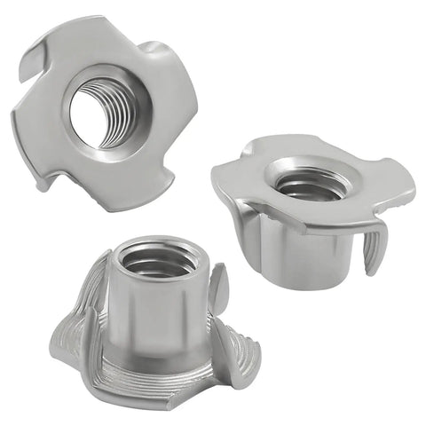 Top Shelf Four Pronged Tee Nuts Forged From Heavy Duty 304 Stainless Steel Matching 3 8 16 Thread Size Plus 7 16 Inch Barrel Depth Dead Simple Setup On Wood Furniture Cabinetry And Rigging Pro Grade 25 Pack, showing three angles of tee nuts.
