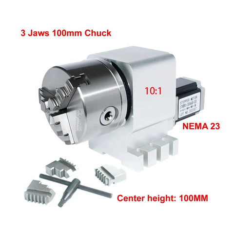 Heavy Duty Harmonic Gear Reducer Fourth Axis Rotary Table For Cnc Machining With 100Mm Triple Jaw Chuck and 22Mm Hollow Shaft Build That Slaps For Serious Indexing Jobs, showing 3-jaw chuck and stepper motor.