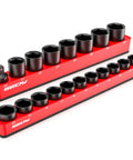 Two Piece Half Inch Drive Metric Magnetic Socket Organizer Set Holds Nineteen Sockets With Detachable Tool Tray And 5mm Magnetic Base Built Tough For Garage And Home Workshop