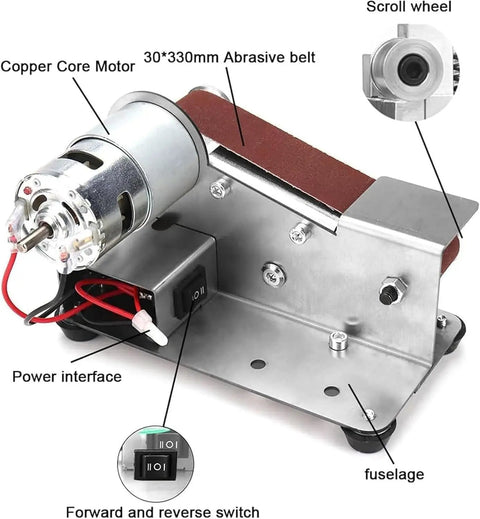 This Awesome Mini Electric Belt Sander Features 7 Speed Options And Reverse Switch For Smooth Knife Making And Diy Projects Adjustable Rpm From 4000 To 9000 With 15 Degree Inclined Design Includes Ten Sanding Belts For Effortless Grinding And Polishing, showing copper core motor and abrasive belt.