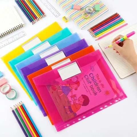 Six Pack Plastic Binder Pockets Folders with Transparent Pockets and Label Window A4 Size arranged with school supplies