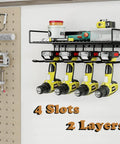 Heavy Duty Tool Organizer Wall Mount For Drill And Cordless Tools Garage Workshop Pegboard Rack With One Layer And Four Slots Rust Resistant