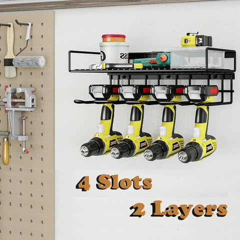 Heavy Duty Tool Organizer Wall Mount For Drill And Cordless Tools Garage Workshop Pegboard Rack With One Layer And Four Slots Rust Resistant