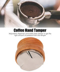 53mm Stainless Steel Coffee Distributor And Espresso Tamper Featuring Quick Depth Adjustment And Comfort Contoured Beech Handle close-up with polished finish.