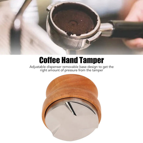 53mm Stainless Steel Coffee Distributor And Espresso Tamper Featuring Quick Depth Adjustment And Comfort Contoured Beech Handle close-up with polished finish.