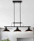 Kitchen Island Pendant Light Three Light Industrial Ceiling Fixture With Metal Shades Matte Black Finish in kitchen setting