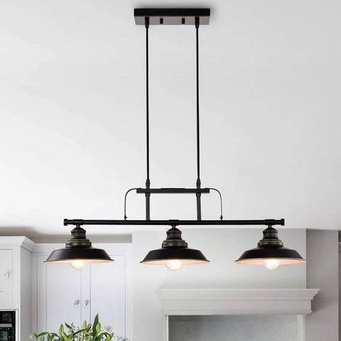 Kitchen Island Pendant Light Three Light Industrial Ceiling Fixture With Metal Shades Matte Black Finish in kitchen setting