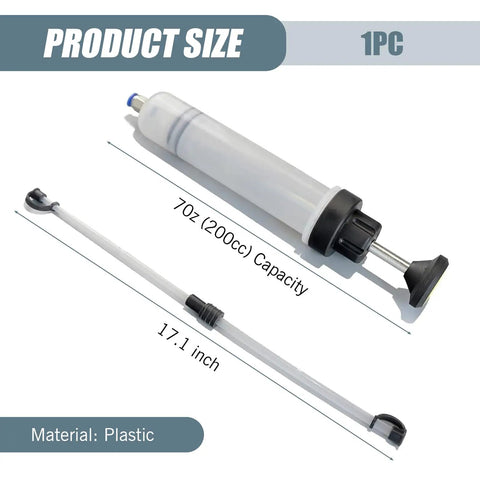 Driveway Ready Manual Oil Extraction Pump For Cars 200Cc Vacuum Fluid Siphon Tool with 200cc capacity and 17.1 inch tube.