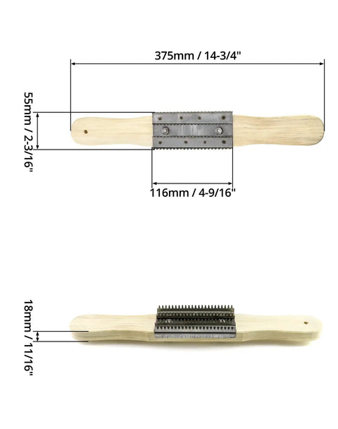 Workhorse 15 Inch Buffing Wheel Rake With Wooden Handle And Stainless Steel Head, dimensions shown in inches and millimeters