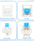 Blue 3 Pin Clicky Mechanical Keyboard Switches Set, 50 Pcs With Switch Puller, Waterproof, Easy Replacement for Gaming Keyboards, Durable Acrylic Zinc Alloy and Precision Steel Build for Smooth Tactile Feedback. Front and side view of blue 3-pin clicky switch.