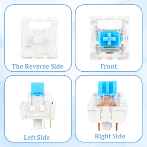 Blue 3 Pin Clicky Mechanical Keyboard Switches Set, 50 Pcs With Switch Puller, Waterproof, Easy Replacement for Gaming Keyboards, Durable Acrylic Zinc Alloy and Precision Steel Build for Smooth Tactile Feedback. Front and side view of blue 3-pin clicky switch.