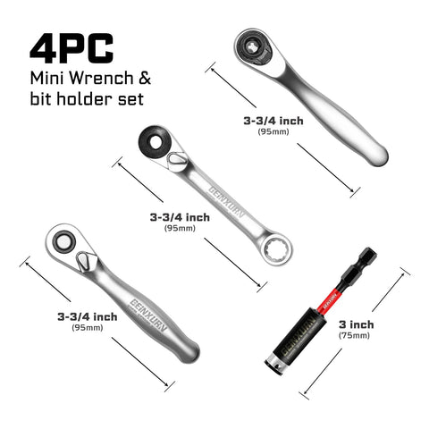 Image of a Mini Four Piece One Quarter Inch Drive Ratchet Wrench Set With Seventy Two Tooth Quick Release in durable CR V construction.