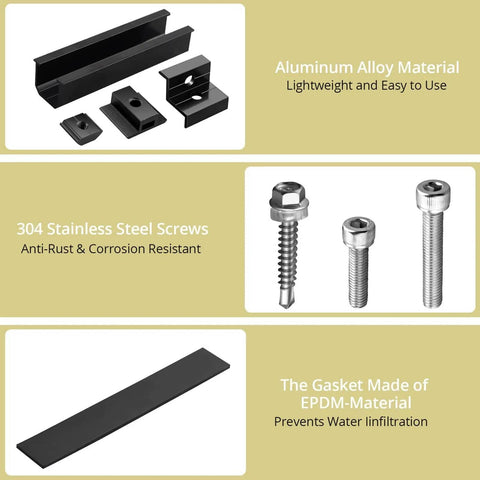 Aluminum Solar Panel Mounting Kit components, aluminum alloy material, 304 stainless steel screws, EPDM gasket.