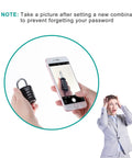 Black 4-digit combination padlock with silver shackle, shown with smartphone in a teal circular frame