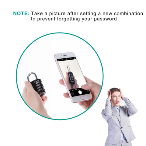 Black 4-digit combination padlock with silver shackle, shown with smartphone in a teal circular frame
