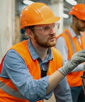 Built Like A Tank Z87 Plus Safety Reading Glasses With Wraparound UV400 Side Shields And Shatterproof Lenses Made For Rough Worksites And Laid Back Weekends, worn by worker in orange safety vest and helmet.