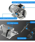 Top Shelf Rock Solid 80Mm Plus 100Mm Three Jaw Cnc Rotary Table Upgrading To Fourth Axis Dividing Index Head Paired With 65Mm Mt2 Tailstock showing details of the stepper motor, chuck, tailstock, and accessories.