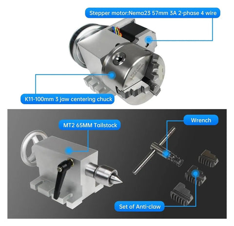 Top Shelf Rock Solid 80Mm Plus 100Mm Three Jaw Cnc Rotary Table Upgrading To Fourth Axis Dividing Index Head Paired With 65Mm Mt2 Tailstock showing details of the stepper motor, chuck, tailstock, and accessories.