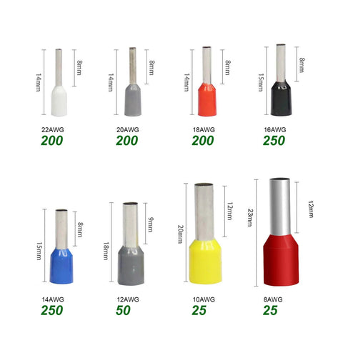 Assorted sizes of 1200 Piece Wire Ferrules Terminals Kit For AWG 22 To 8, Insulated Cord End Connectors, multi-color, copper nylon