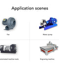 Application scenes for Compact 110V To 220V VFD Inverter, showing fan, water pump, automated tools, engraving machine.