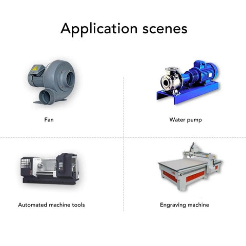 Application scenes for Compact 110V To 220V VFD Inverter, showing fan, water pump, automated tools, engraving machine.