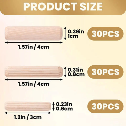 90 Piece Hardwood Dowel Set In Three Sizes One Quarter Inch Five Sixteenths Inch And Three Eighths Inch Fluted Grooved Dowels For Furniture Woodworking Crafts And DIY Carpentry Durable Warp Resistant