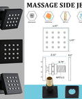 Diagram and side view of 2 Inch Brass Shower Head With Massage Jets Matte Black Body Spray Showerhead Adjustable Swivel 16 Nozzles