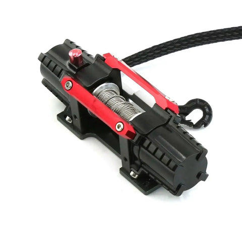 Dual Motor Electric Winch With Tough Metal Build For Axial SCX10 TRX4 D90 KM2 And Redcat RC Cars 1/8 And 1/10 Scale, close-up view.