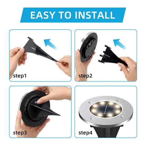 Installation steps for 12-Pack Solar Ground Lights 8-LED In-Ground Pathway Lights Outdoor Waterproof For Yard Lawn Driveway.