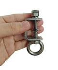 Hand holding 4 Piece Stainless Steel C Clamp With Ring Heavy Duty Hanging J Hooks For Pipe And Beam Clamps With Ring Holds Up To 100 Pounds Static Load