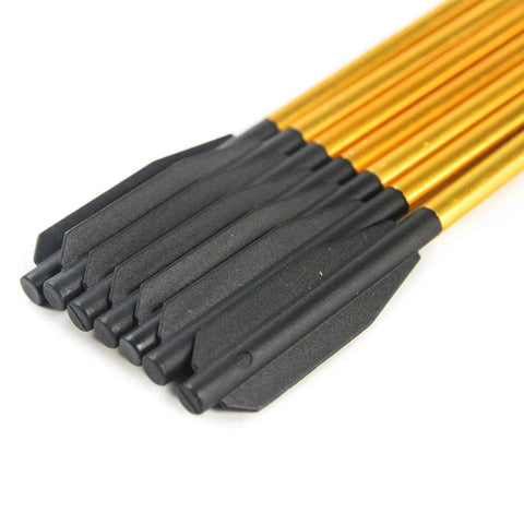 Close-up of 6.3 Inch Aluminum Crossbow Bolts with Plastic Vanes for 50-80 Lb Mini Pistol Crossbows, precision arrows in a row.