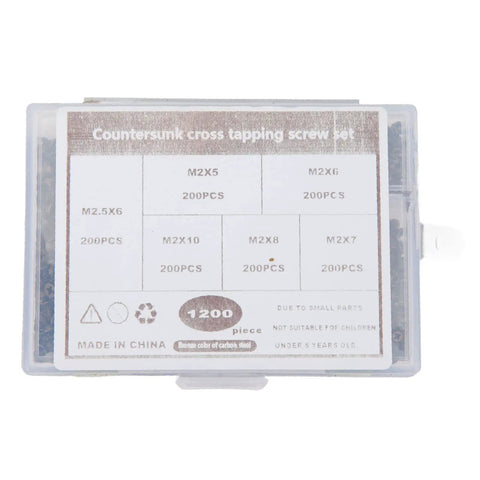 1200 Piece Woodworking Screws Kit M2 M5 Self Tapping Cross Countersunk Set Assorted Sizes shown in clear storage box