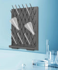 Heavy Duty Lab Glassware Drying Rack With Fifty Two Adjustable Pegboard Columns And Thirty Three Pound Load Built Tough For Countertop Or Wall Mount, featuring glass flasks and test tubes.