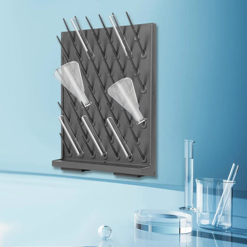 Heavy Duty Lab Glassware Drying Rack With Fifty Two Adjustable Pegboard Columns And Thirty Three Pound Load Built Tough For Countertop Or Wall Mount, featuring glass flasks and test tubes.