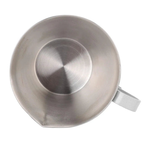 Top view of Easy Pour Stainless Steel 100ml Coffee Measuring Cup With V Shaped Spout And Clear Scale For Smooth Milk Frothing