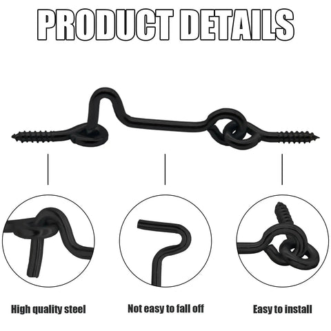 Built Tough 5 Piece Set Of 2 Inch Black Cabin Hook And Eye Latches Heavy Duty Carbon Steel Door Hardware With Mounting Screws For Wood Doors Windows Sheds No Sweat Setup close-up of a black cabin hook latch made of high-quality steel.